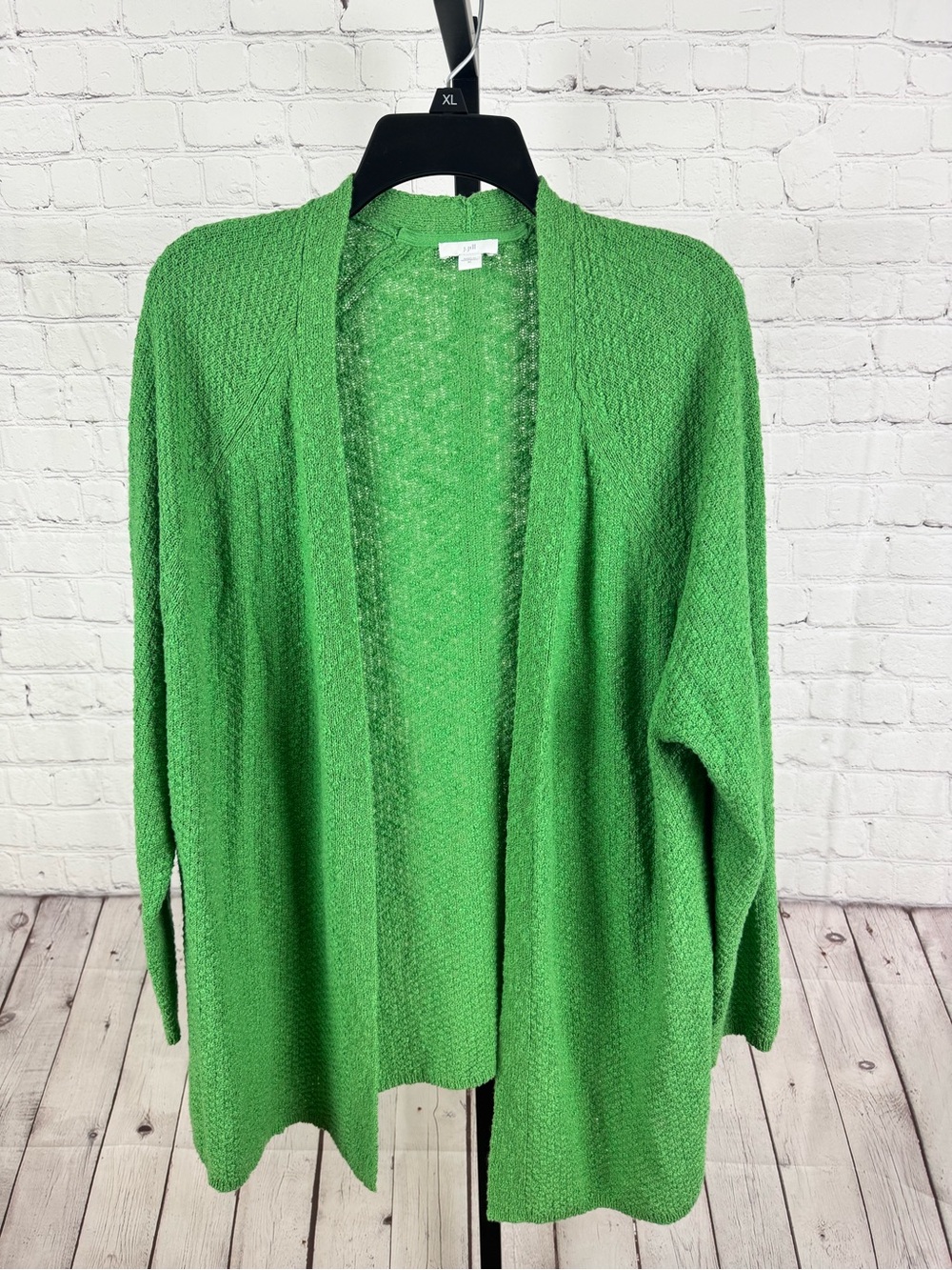 J. Jill Bright Kelly Green Open Front Textured Knit Cardigan Sweater Size XL